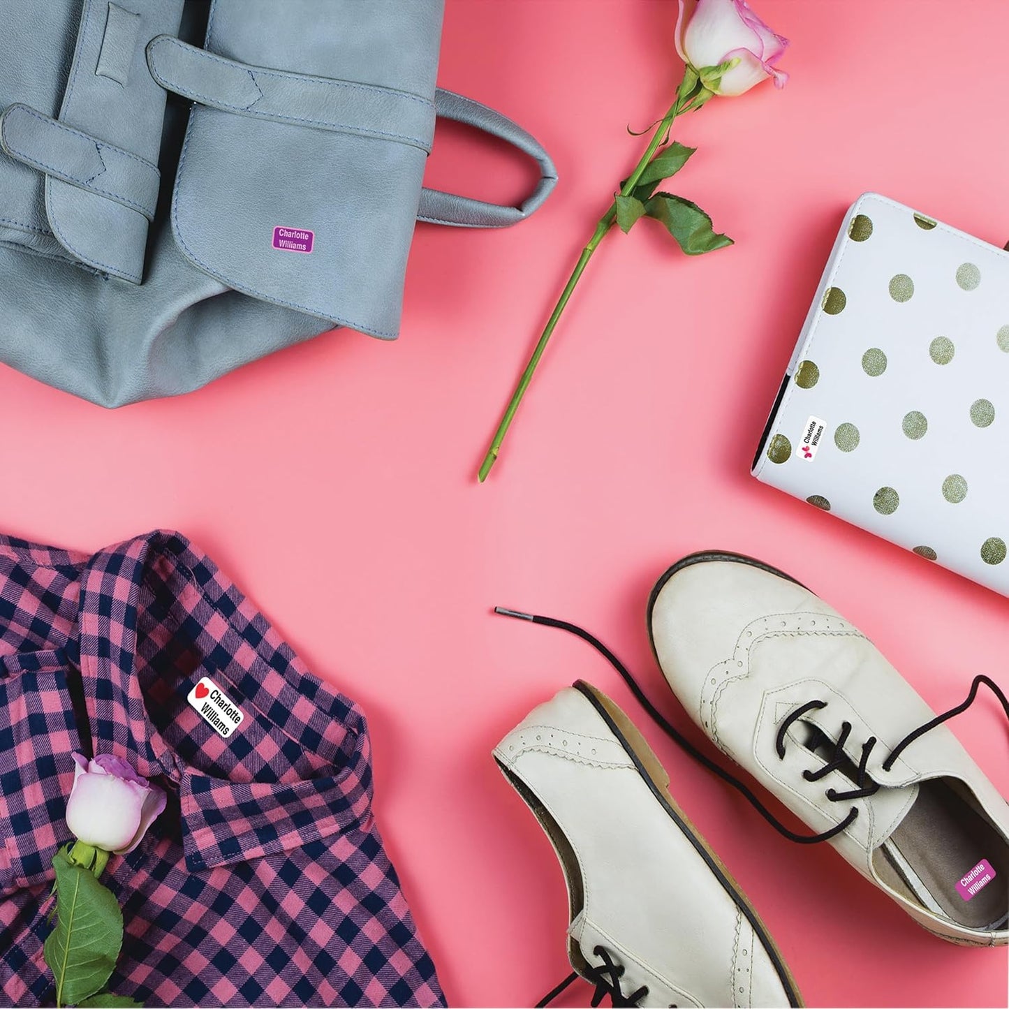 Personalized Waterproof Name Labels Press and Stick Custom Name Stick on Clothing Labels. Customized Up to 3 Lines Great for Camp & Daycare (Lovley Rose Pink)