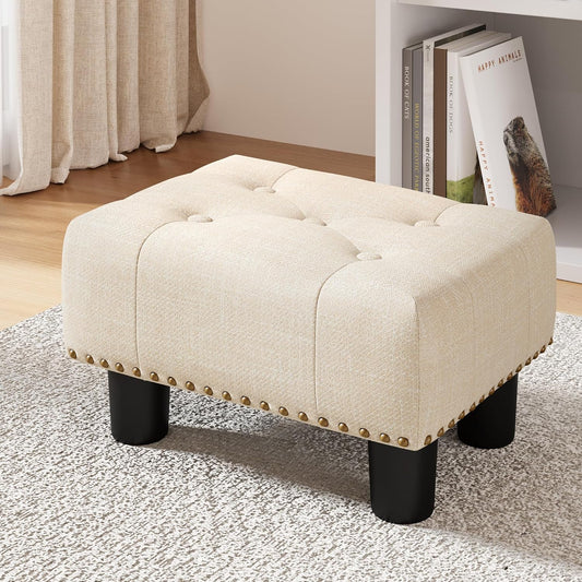 LUE BONA Small Tufted Foot Stool, Beige Linen Rivet Tufted Footrest with Plastic Legs, 9''H, Rectangle Foot Stools for Adult with Non-Slip Pads, Sofa Footstool for Living Room, Couch
