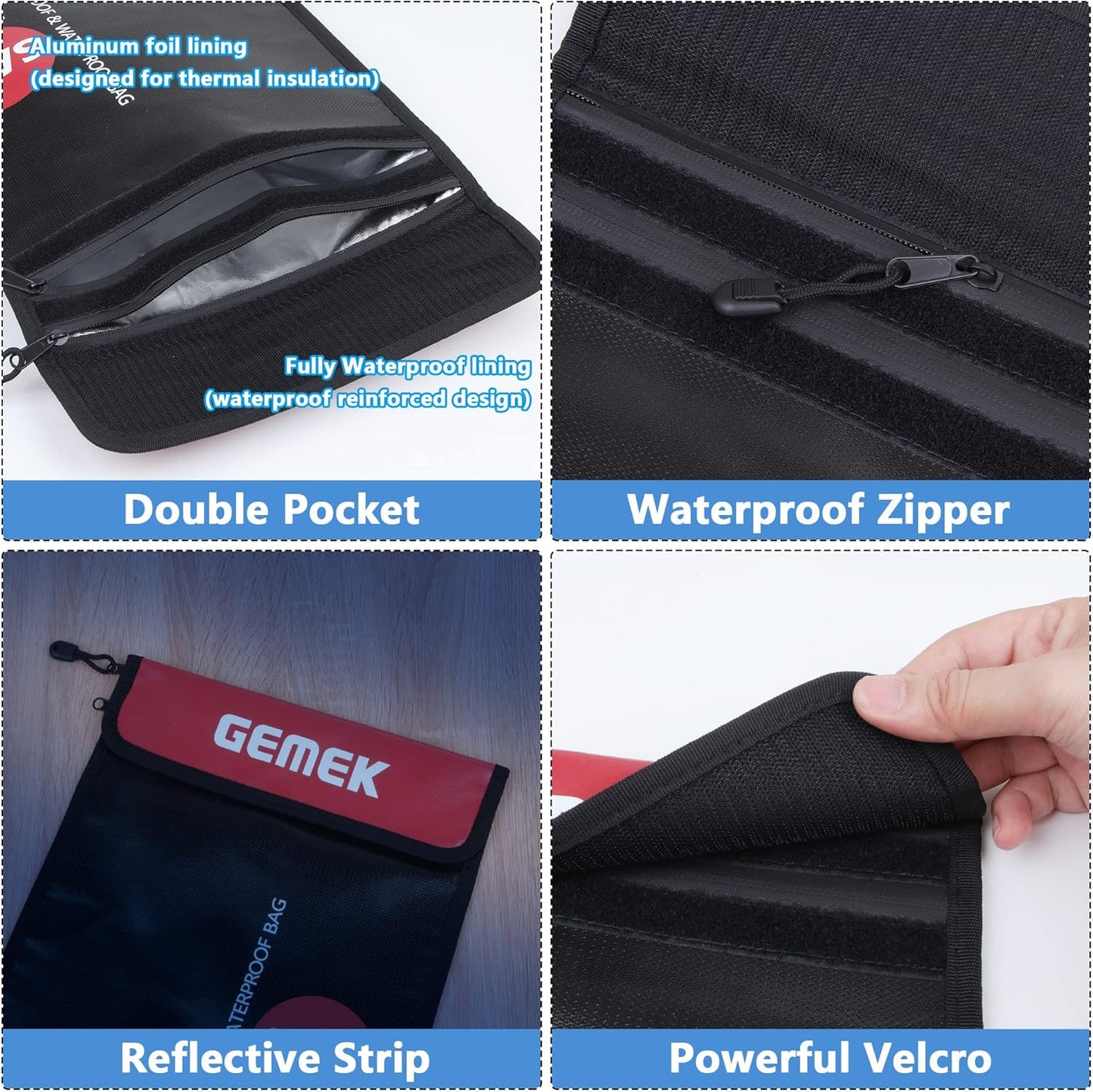 Fireproof Document Bag (2000℉) Upgraded 2 Pockets, GEMEK 15”x 11” Fireproof and Waterproof Money Bag Fireproof Safe Storage for Money, Documents, Jewelry and Passport (Black - 2 Zipper)