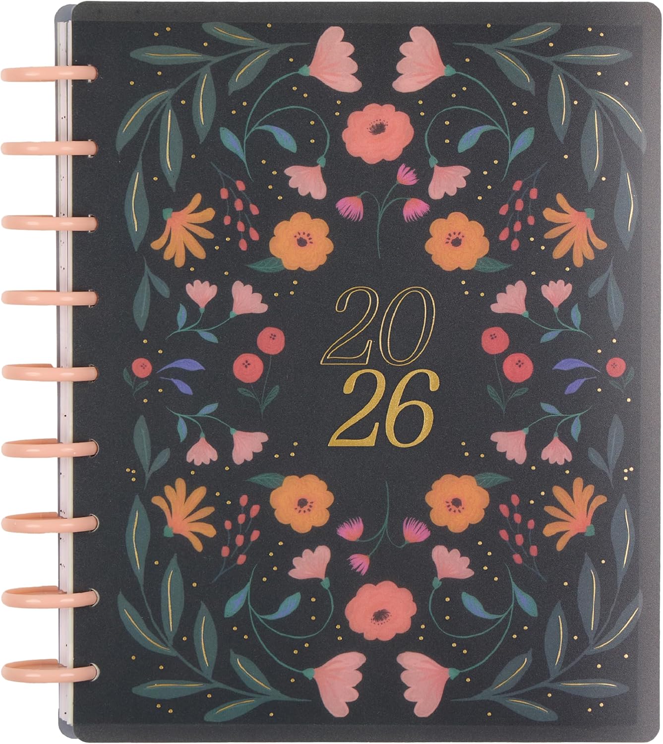 Happy Planner Disc-Bound Planner Jan.–Dec. 2026, Includes 3 Extra Months and 2 Sticker Sheets, Classic Size, 7" x 9.25", Dashboard Layout, Happy Poppies