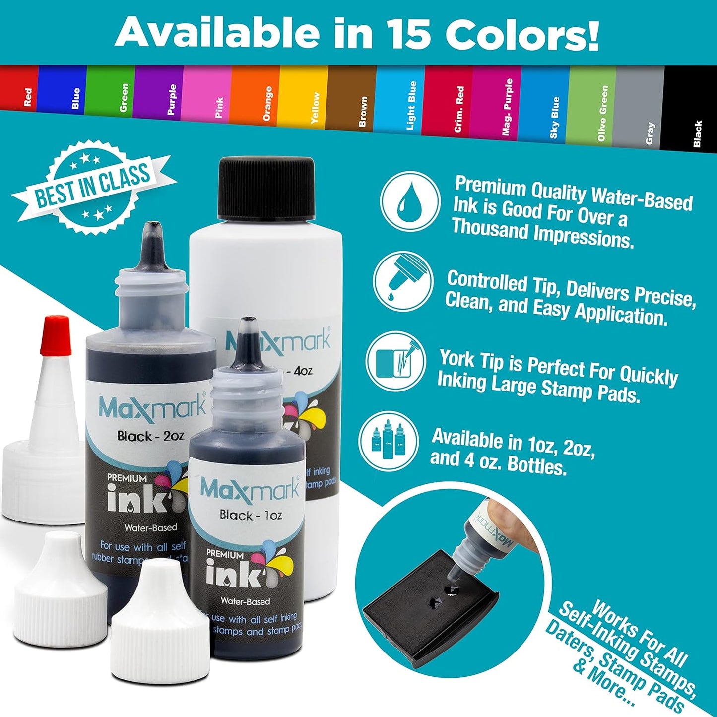 MaxMark Premium Refill Ink for self Inking Stamps and Stamp Pads, Light Blue Color - 4 oz.