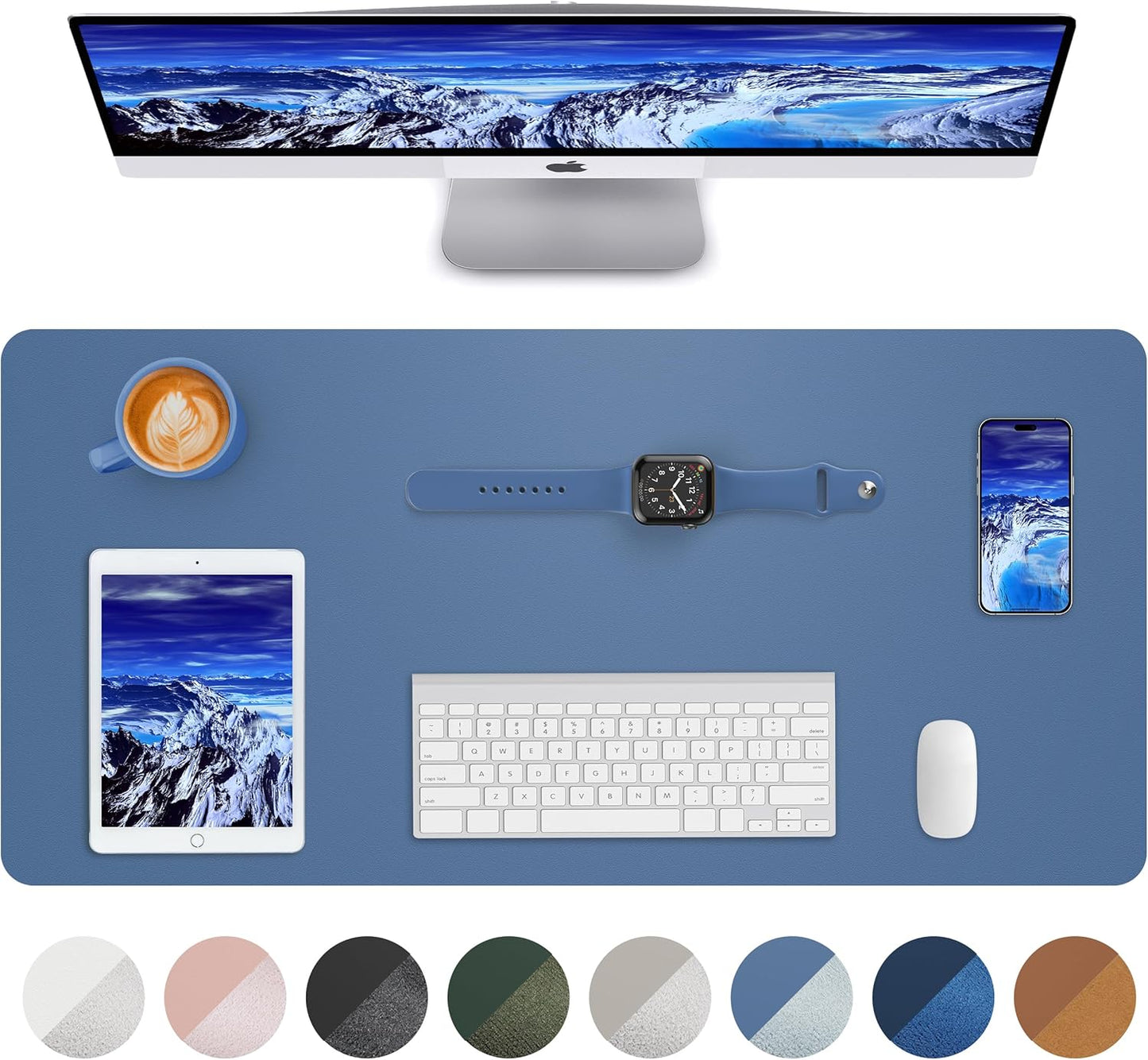 Leather Desk Pad Blotter,Mouse Pad,Office Desk Mat, Non-Slip PU Leather Desk mat,Large Desk mat,Waterproof Keyboard mat for Office/Home/Decor (Grey Blue,31.5" x 15.7")