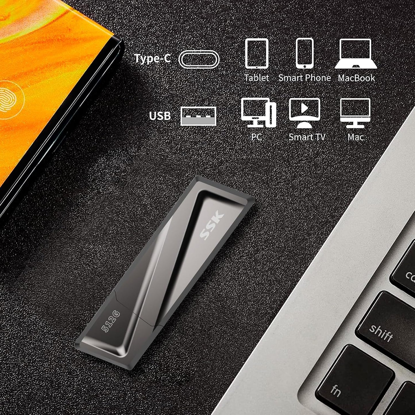SSK 512GB USB Flash Drive 550MB/s USB 3.2 Gen2 USB Thumb Drive Fast Transfer Speed Externel Solid State Drive +USB C Adapter USB C Memory Stick for Type C Smartphone,MacBook/Pro/Air Laptop and More