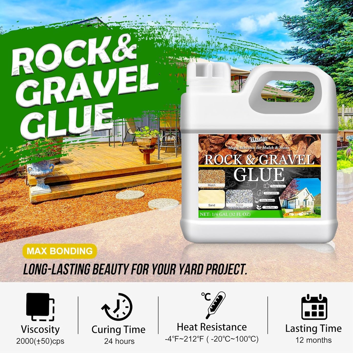 Mulch Glue & Gravel Binder - 64oz Rock Glue for Landscaping, Garden, Walkway - Strong Pea Gravel Stabilizer, Concentrate Mulch Adhesive Safe for Lockdown Sticky Stone, Pebble, Bark, Rubber, Pine Straw