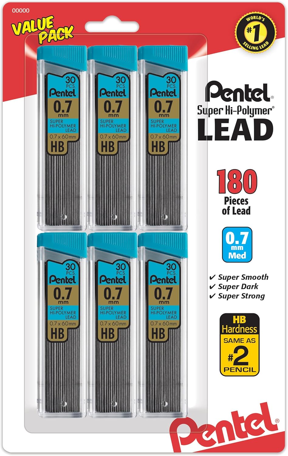 Pentel Super Hi-Polymer Refills, 0.7 mm Medium, HB, 180 Pieces of Lead (C27BPHB6)