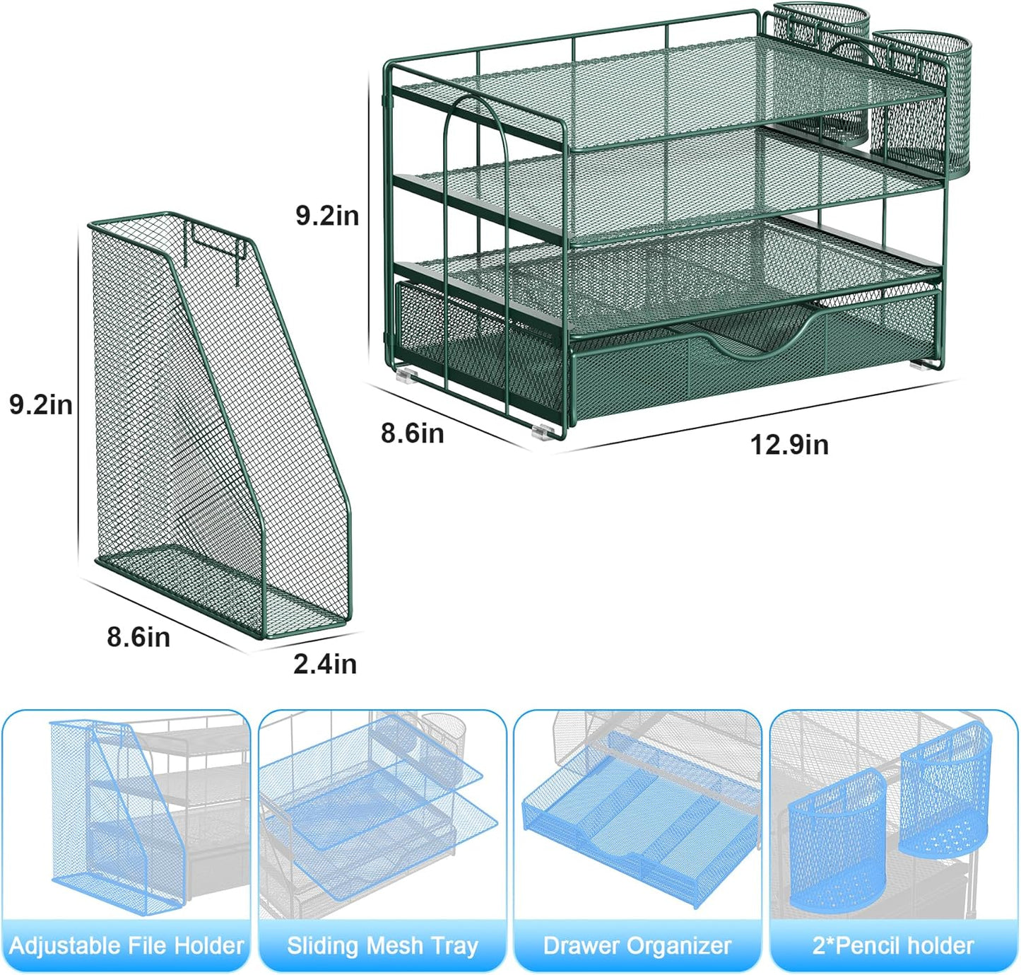 gianotter 4-Tier Desk Organizer with Drawers, File Holders, Letter Trays and Pen Holders - Workspace Accessories for Office Supplies (Green)