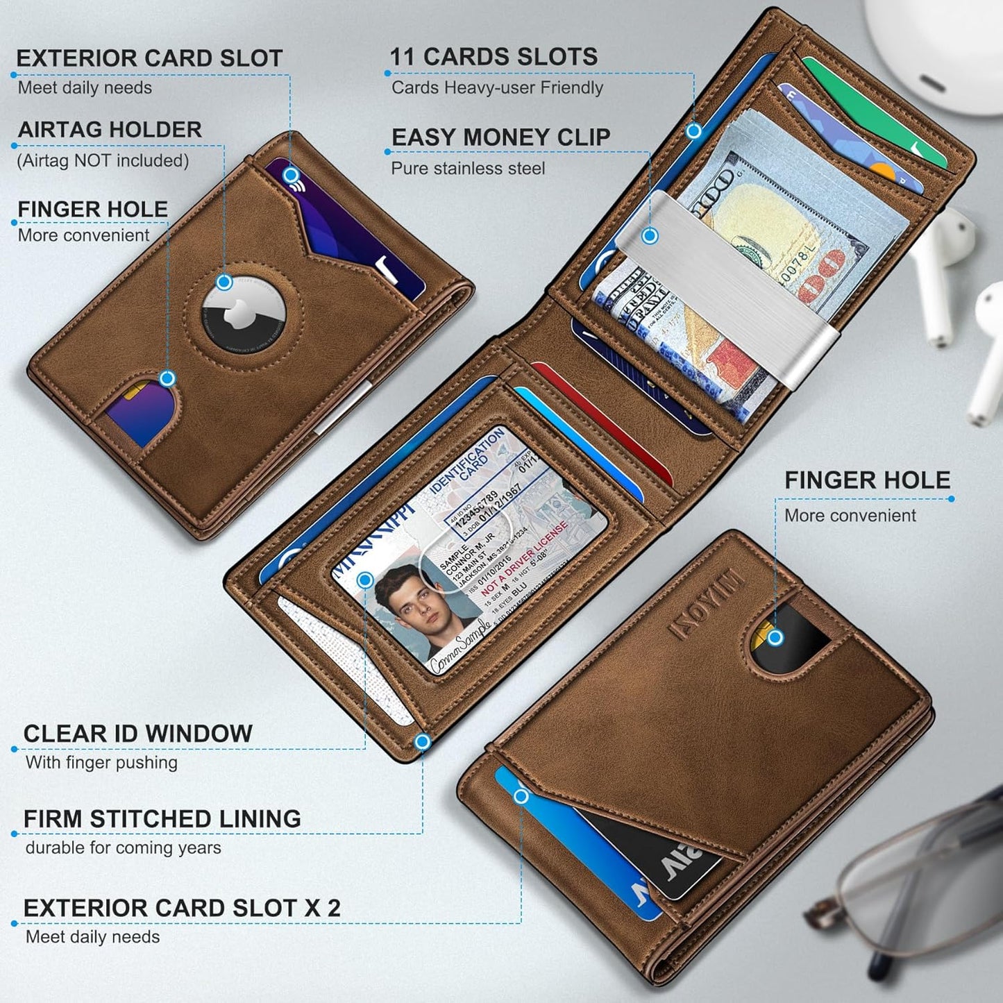 Airtag Wallet for Men,with Money Clip 11 Cards Slim Front Pocket Leather RFID Blocking Wallet with Gift Box