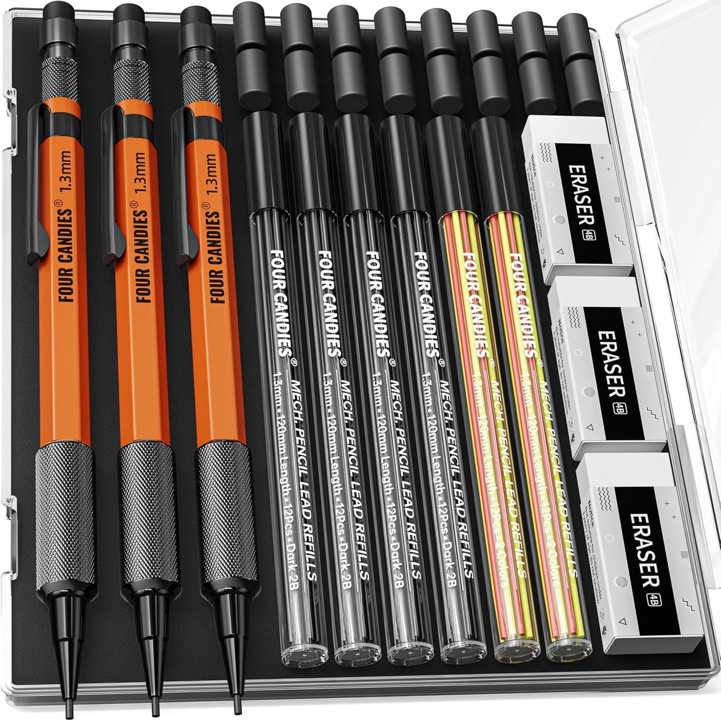 Four Candies 3PCS 1.3mm Mechanical Pencil Set with Case, Metal Heavy Duty Carpenter Pencils with 72 Refill(Red,Black,Yellow) 3Eraser, 16Eraser Refill, Weatherproof Body Outdoor Woodworking Marking