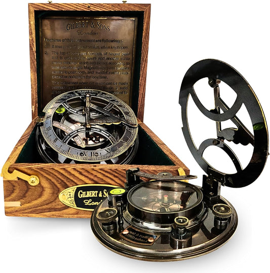 Brass Sundial - 5 inches Large Sundial Compass in Rosewood Case Top Grade Calibrated Vintage Gift