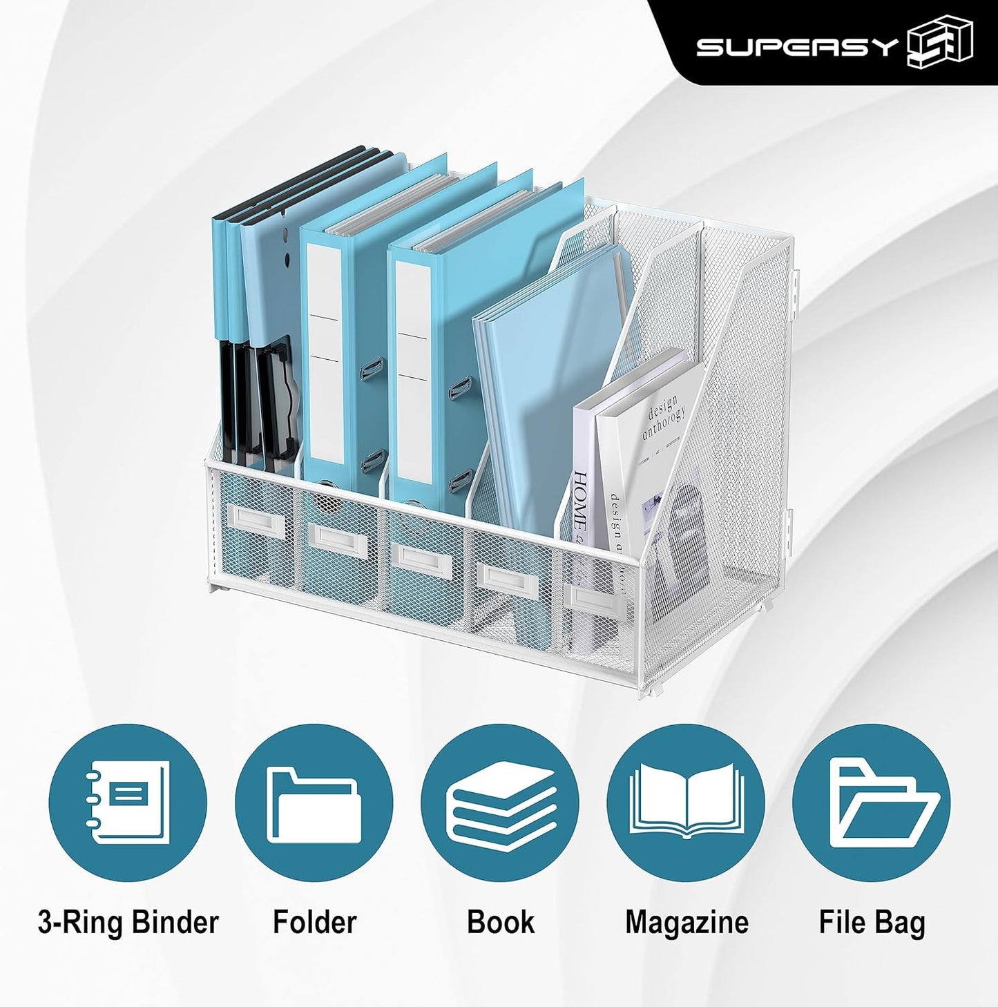 SUPEASY Desk Organizers Metal Desk Magazine File Holder with 5 Vertical Compartments Rack File Organizer for Office Desktop, Home Workspace, White Plus