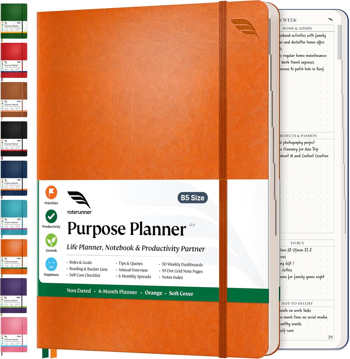 Purpose Planner Undated Monthly Weekly Daily Productivity Journal 2023 Optimised Life, Goal Setting & Business Tool for Academic Student, Professionals, Mums - Leather Day Organiser Notebook