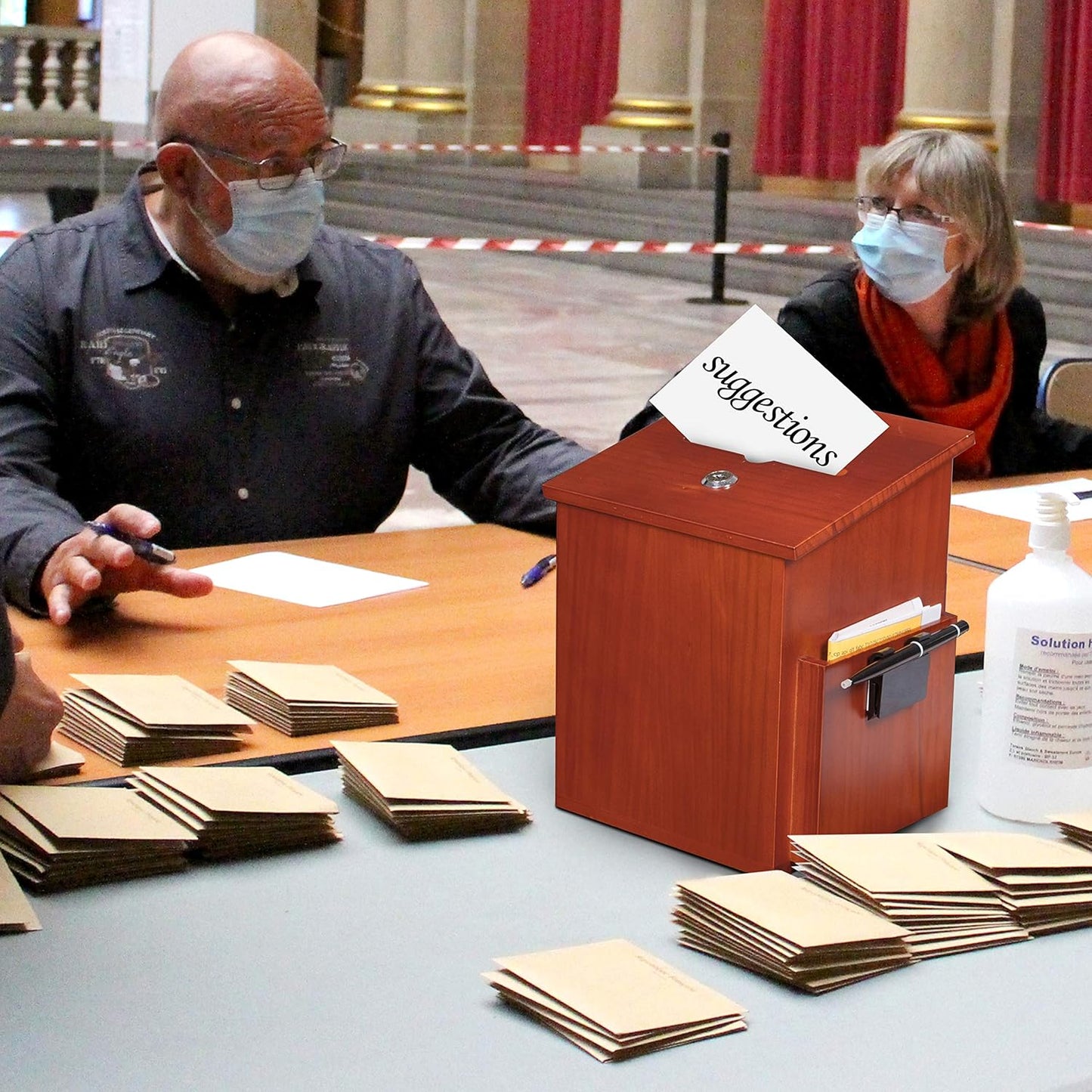 Wood Charity Donation collection Box Office suggestion Ballot Box With wide slot for envelopes and suggestion comment forms, side Pocket and Locking Hinged Lid & Pen for Table Or Counter-top(Mahogany)