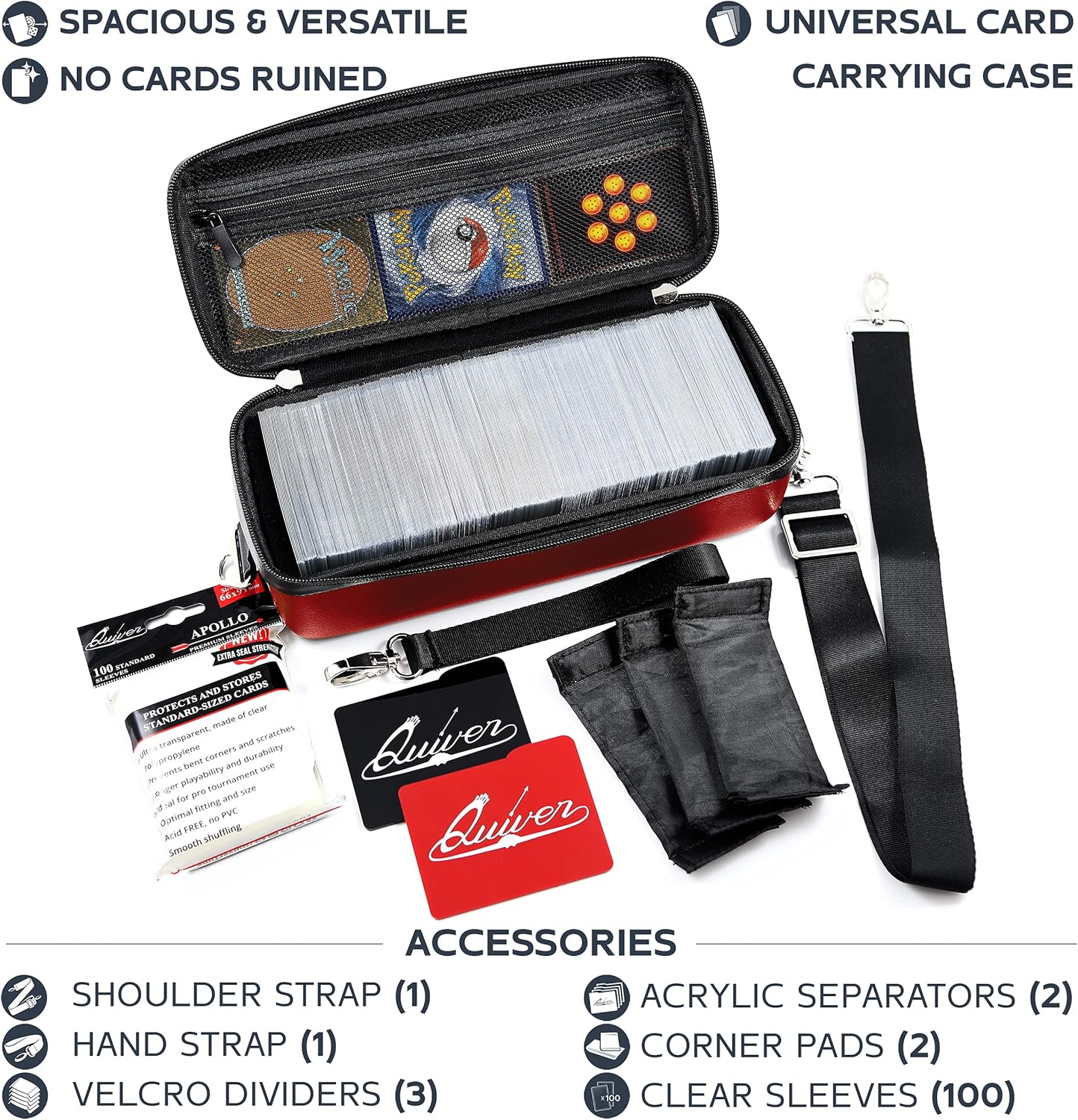 Quiver Time Red Bolt Card Carrying Case fits Pokemon Cards and other TCG Games - Storage Bag for Playing/Trading Cards and Deck Box (Straps, Dividers & 100 Apollo Card Sleeves)