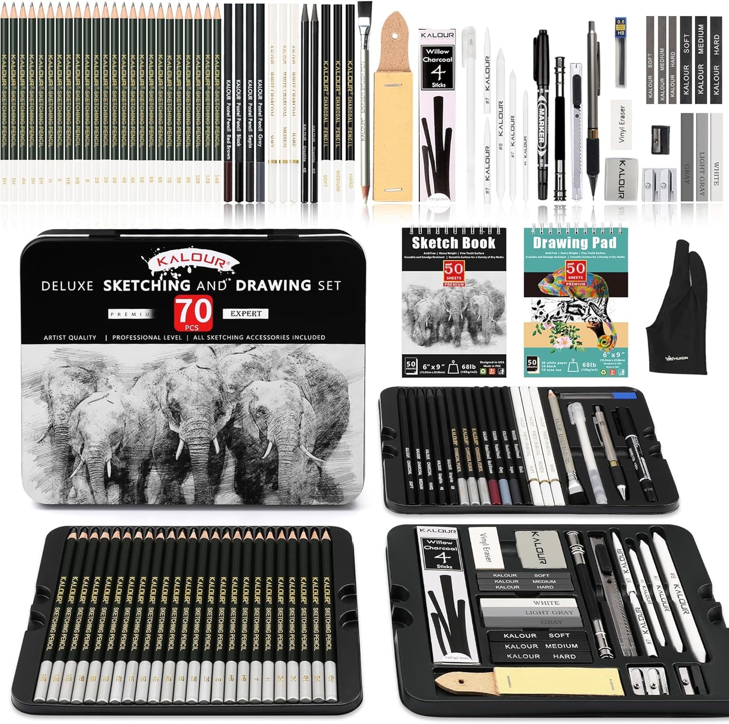 KALOUR 72-Pack Sketch Drawing Pencils Kit with Sketchbook and 3-color Drawing Paper,Tin Box,Include Graphite,Charcoal,Drawing Glove and Artists Tools,Pro Art Drawing Supplies for Adults Beginner