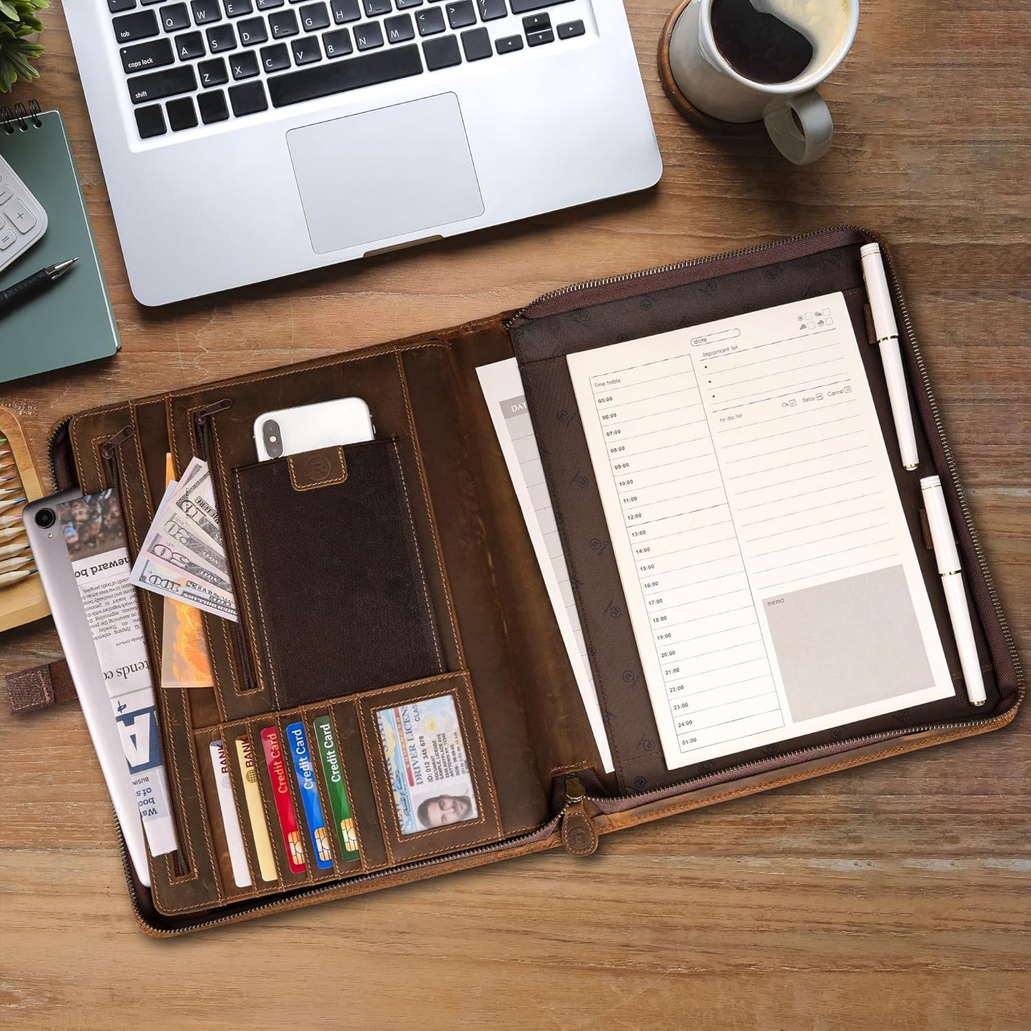 Full Grain Leather Portfolio Padfolio with Zipper, Professional Business Organizer for Men Women, Executive Resume Folder with A4 Notepad Holder, Card Slots, Pen Loop, 10x13'', Luxury Gift Set