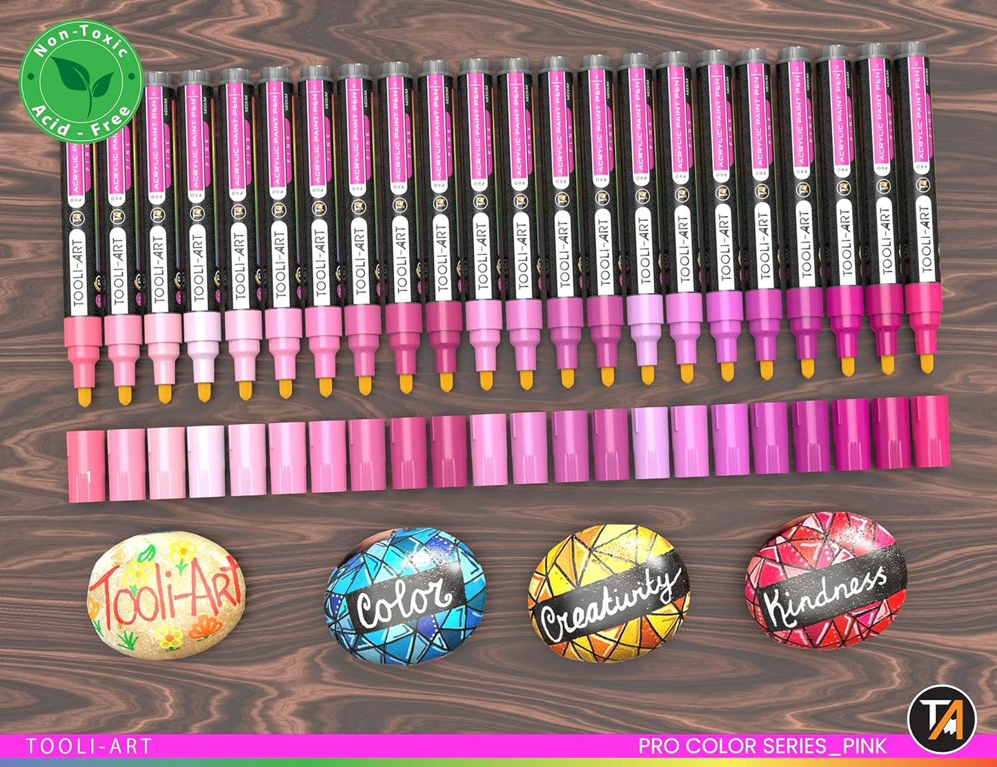 TOOLI-ART 22 Acrylic Paint Markers Paint Pens Pro Color Series Set 3mm Medium Tip for Rock Painting, Glass, Mugs, Wood, Metal, Glass Paint, Canvas, DIY. Non Toxic, Waterbased, Quick Drying (PINK)