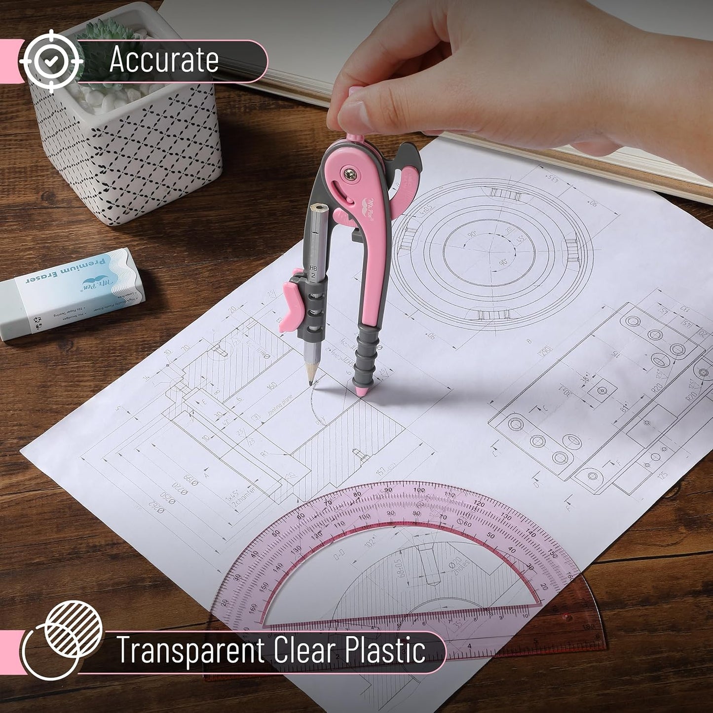 Mr. Pen- Compass and Protractor Set, Rogue Pink, Compass Geometry Tool, Protractor and Compass Set, Compass Drawing Tool, Drawing Compass, Geometry Compass, Back to School Supplies