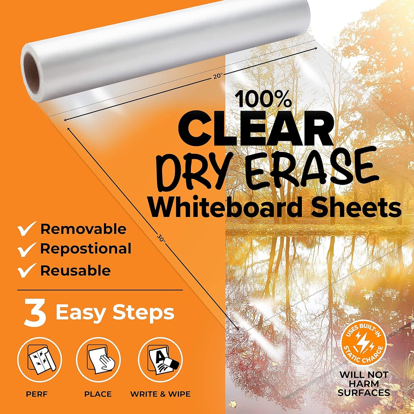 Clingers Clear Dry Erase Cling-rite Rolls - Removable, Recyclable Whiteboard Sheets, 20x30 Inch, 20 Clear Sheets for School, Office Decor, and Art Projects & Dry Erase Marker Included - American Made