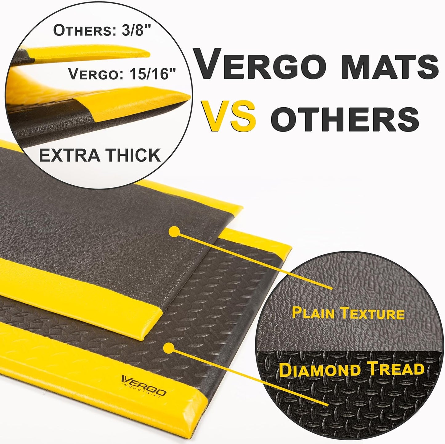 Vergo Industrial 15/16” Extra Thick Anti Fatigue Mat - Heavy Duty Commercial Grade Diamond Plate Ergonomic Standing, Non-Slip Black with Yellow Anti Fatigue Floor Mat for Work, Shop (1-Pack 3' x 5')