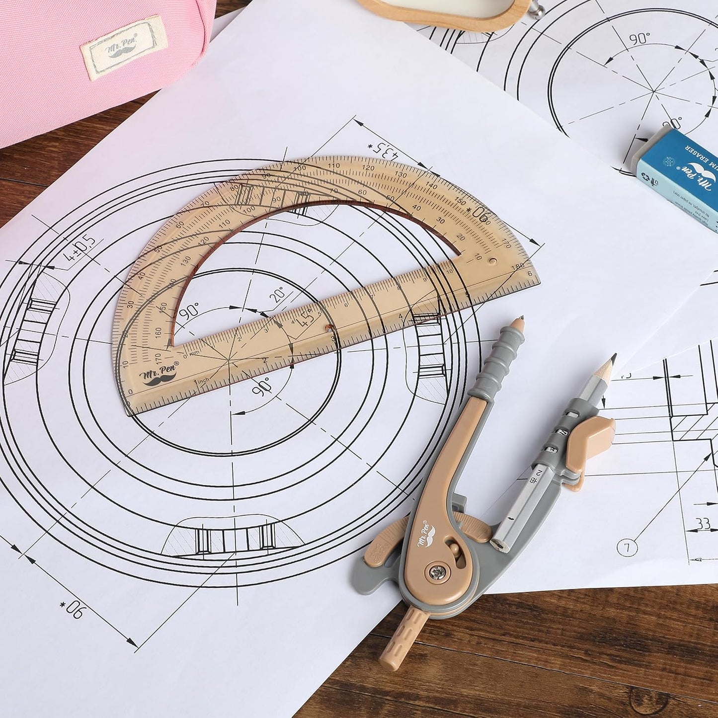 Mr. Pen- Compass and Protractor Set, Dwarf Pony Brown, Compass Geometry Tool, Protractor and Compass Set, Compass Drawing Tool, Drawing Compass, Geometry Compass, Math Compass for Geometry