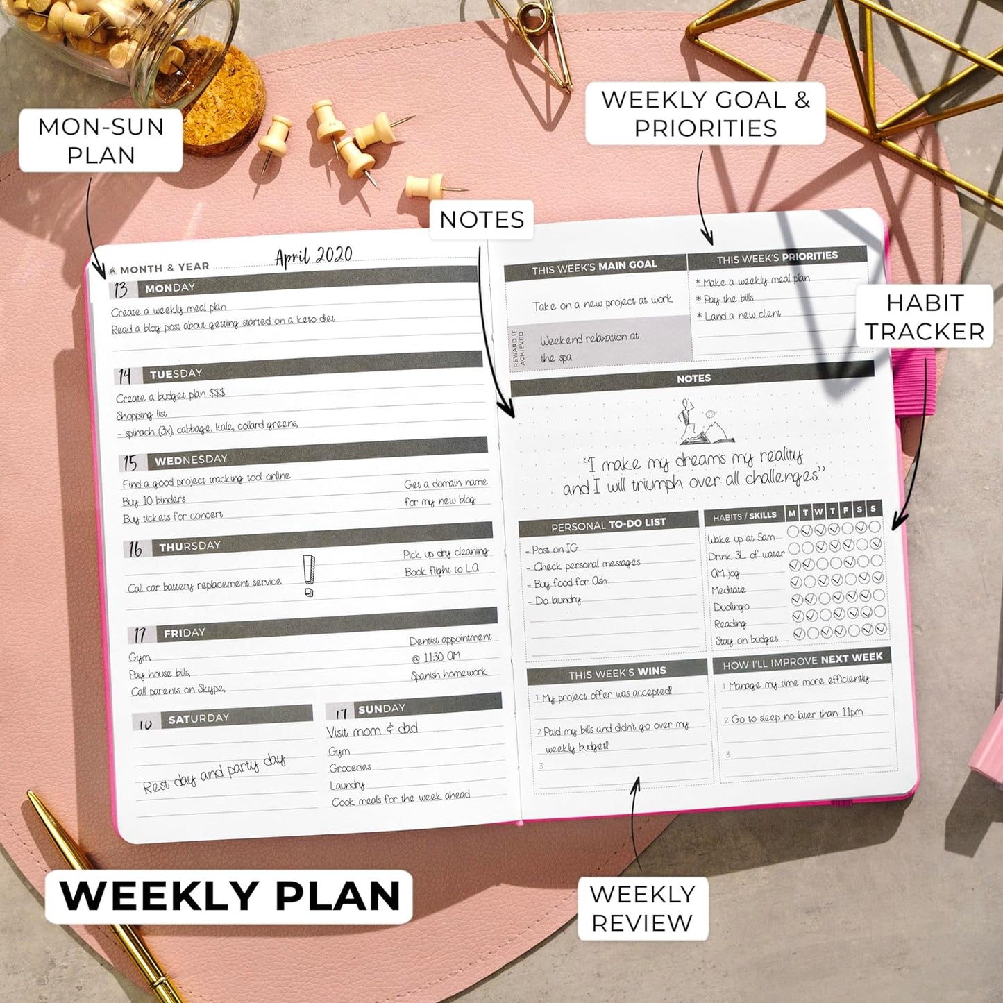 Clever Fox Planner – Undated Weekly & Monthly Planner for Productivity, Time Management & Goals – Organizer Journal – A5 (Hot Pink)