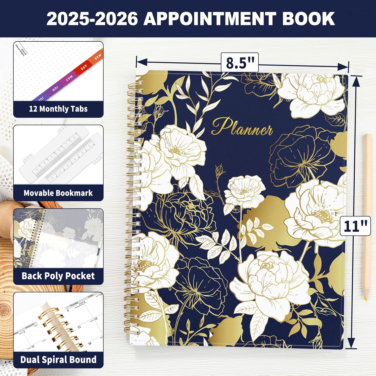 SUNEE 2025-2026 Appointment Book, Quarter-Hourly, Weekly & Monthly - from July 2025 to June 2026, 8.5"x11" Academic Planner, Flexible Cover, Note Pages, Bookmark, Spiral Binding, Vintage