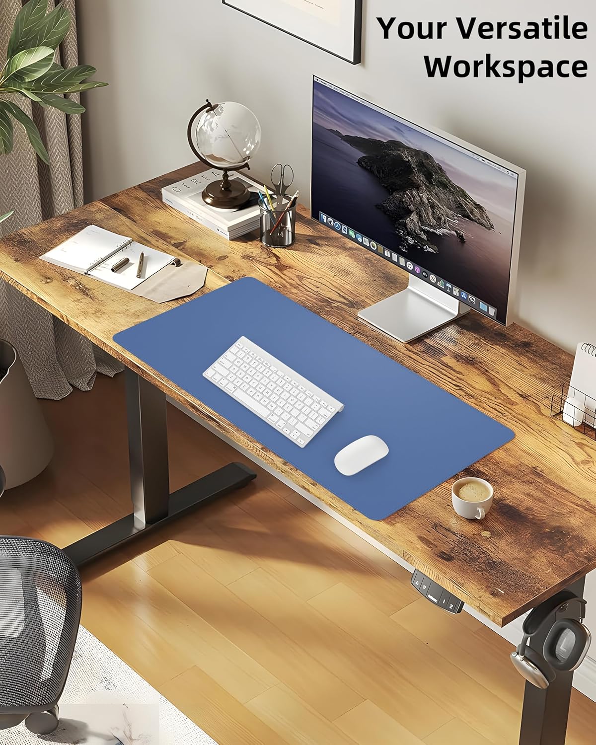 Large Desk Pad Mat - Waterproof Mouse Pad & Desk Protector, Non-Slip XL PU Leather Gaming Mat for Keyboard/Mouse, Stitched Edge with Ergonomic Support, 47"x17" (Blue Grey)