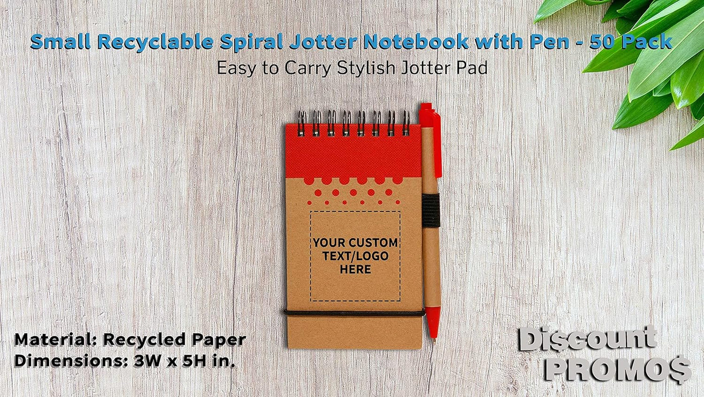 DISCOUNT PROMOS 50 Recyclable Spiral Small Notebooks Pack - Customizable Text, Logo - 60 Lined Pages - Red