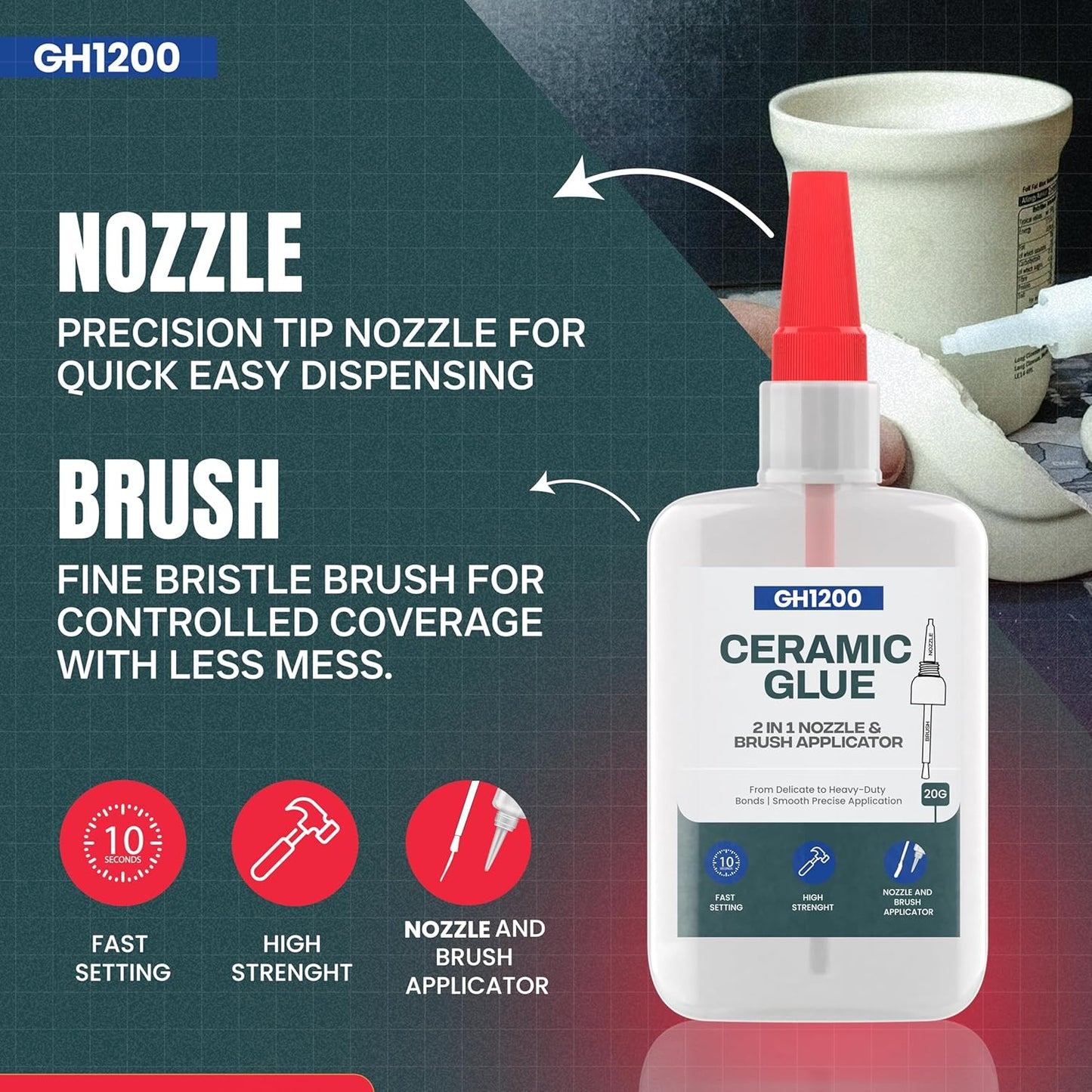 GH1200 Ceramic Glue Repair with Brush Applicator & Nozzle (20 g), Waterproof, Clear, Smooth. Fast Drying, Ceramic Glue for Pottery, Dishes, Mugs & More