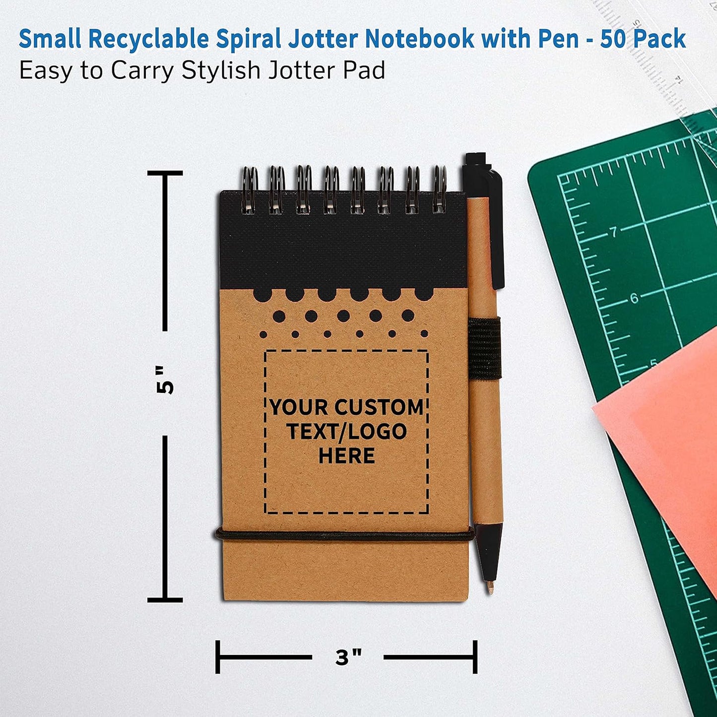 DISCOUNT PROMOS 50 Recyclable Spiral Small Notebooks Pack - Customizable Text, Logo - 60 Lined Pages - Black