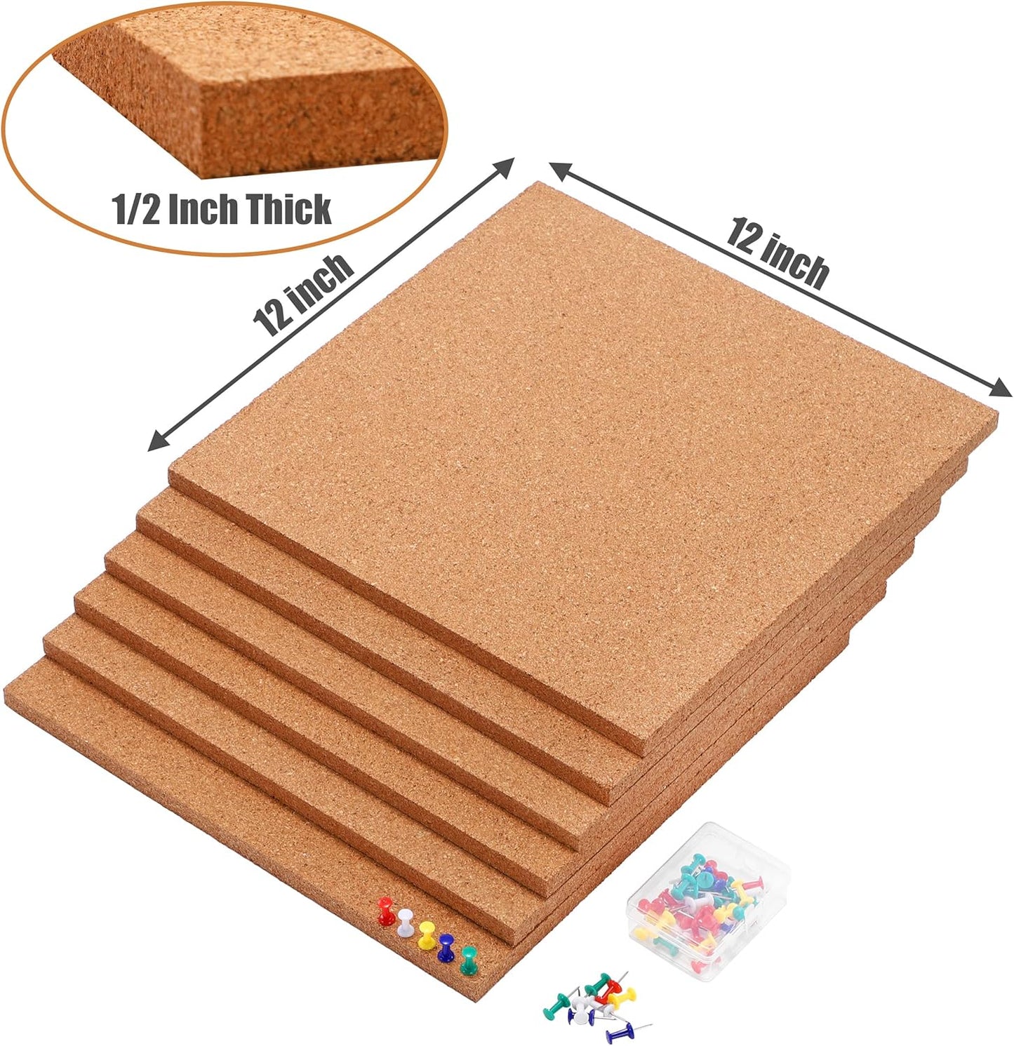 SUNGIFT Cork Boards for Walls - 12" x 12" Corkboard Squares, 1/2" Thick Cork Board Tiles, 6 Pack Wall Bulletin Board with 50 Push Pins for Office, Home Decor