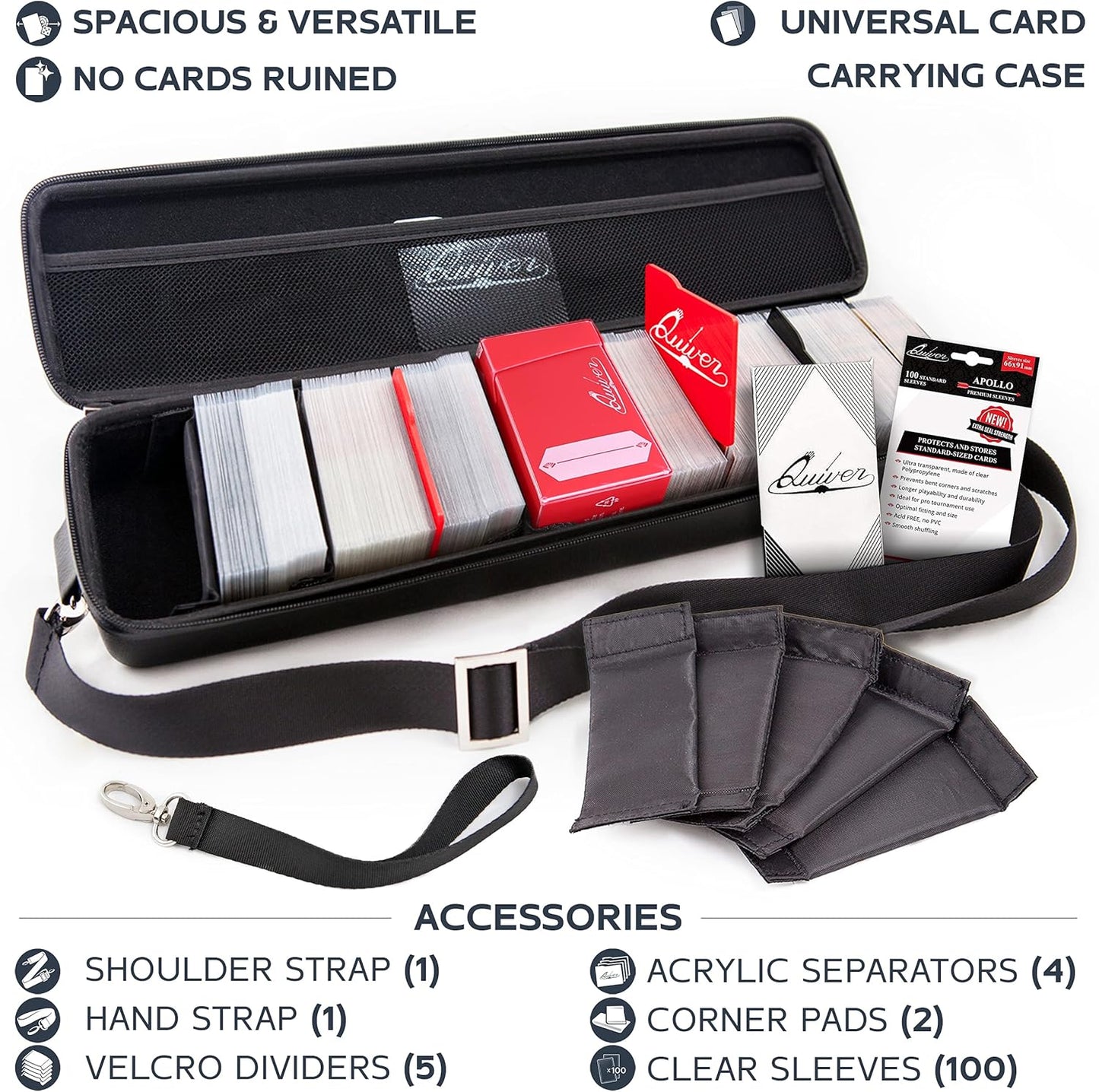 Quiver Time Black Quiver Card Carrying Case - TCG Cards Deck Box Holder for Trading Cards, MTG Bag Playing Card Case (+Wrist & Shoulder Strap, Dividers, Separators, Corner Pads + 100 Apollo Sleeves)
