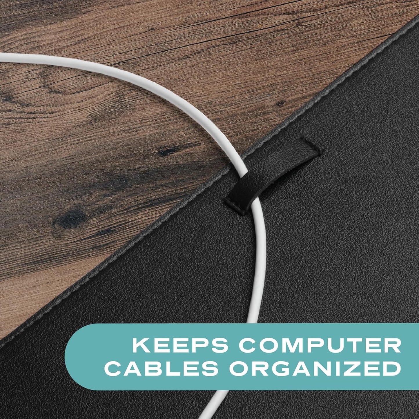 Leather Desk Mat Cable Organizer 23.6" x 17" | Premium Black Vegan Leather Desk Protector Blotter Mouse Pad with Felt Non Slip Bottom for Home Office