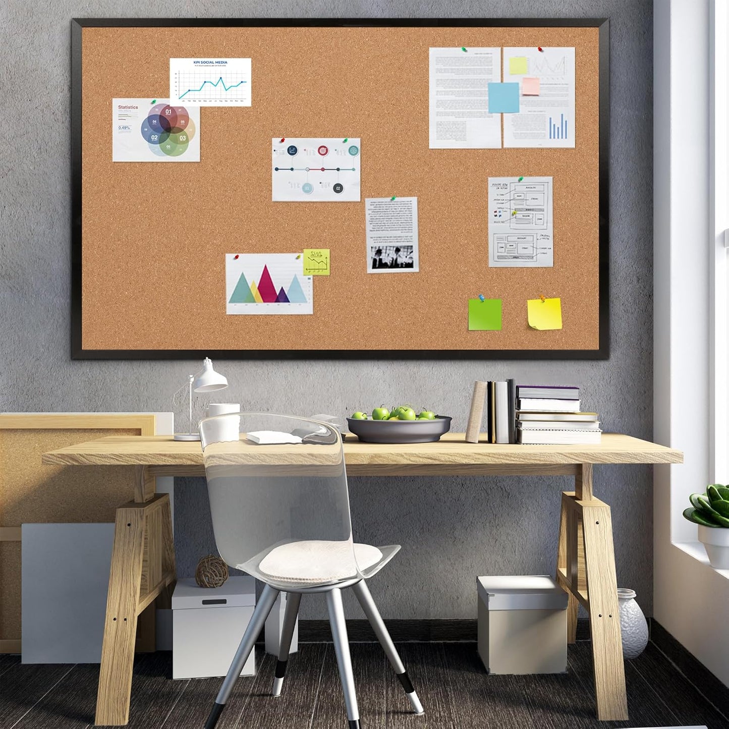 Board2by Extra Large Cork Bulletin Board 60" X 48", Black Wood Framed 5'x4' Corkboard for Wall, Wall Mounted Notice Pin Board with 18 Push Pins for School, Home & Office