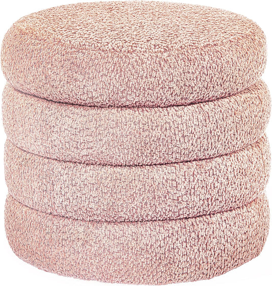 Storage Ottoman, Round Ottoman with Storage, Vanity Stool Foot Rest with Removable Lid, Round Boucle Upholstered for Living Room Pouf Footstool (Pink)
