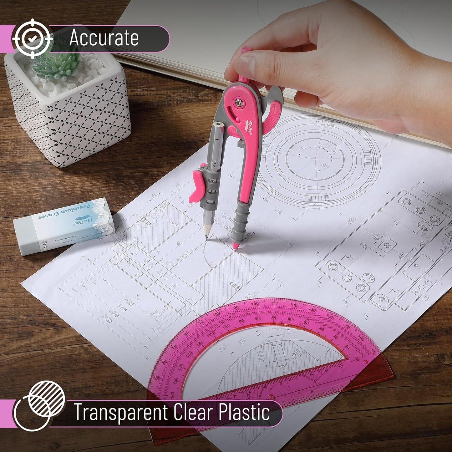 Mr. Pen- Compass and Protractor Set, Vivid Cerise, Compass Geometry Tool, Protractor and Compass Set, Compass Drawing Tool, Drawing Compass, Geometry Compass, Math Compass for Geometry