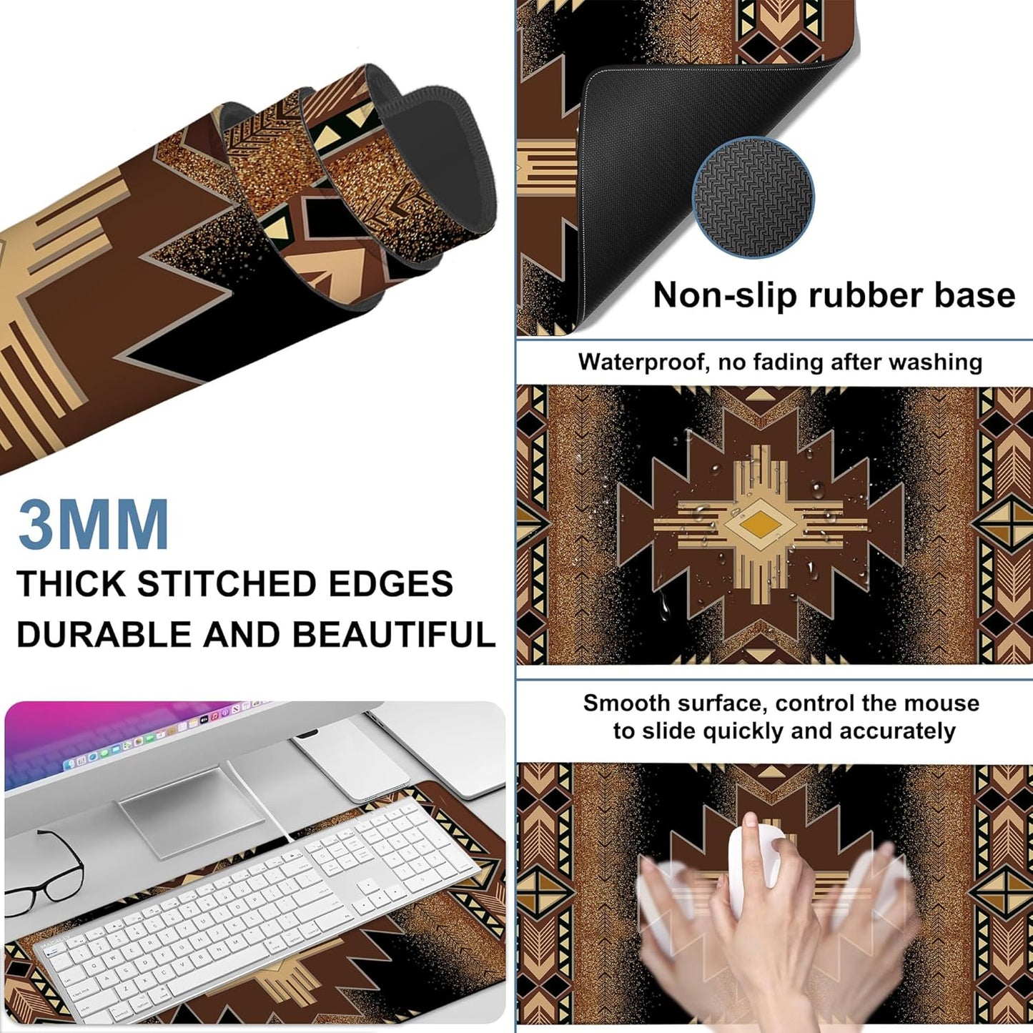 Large Mouse Pad Aztec Pattern Gaming Desk Pad Computer Keyboard Non-Slip Waterproof Mouse Mat with Rubber Base and Stitched Edges Entertainment Office Writing Desk Mat 35.4 x 15.7 Inches