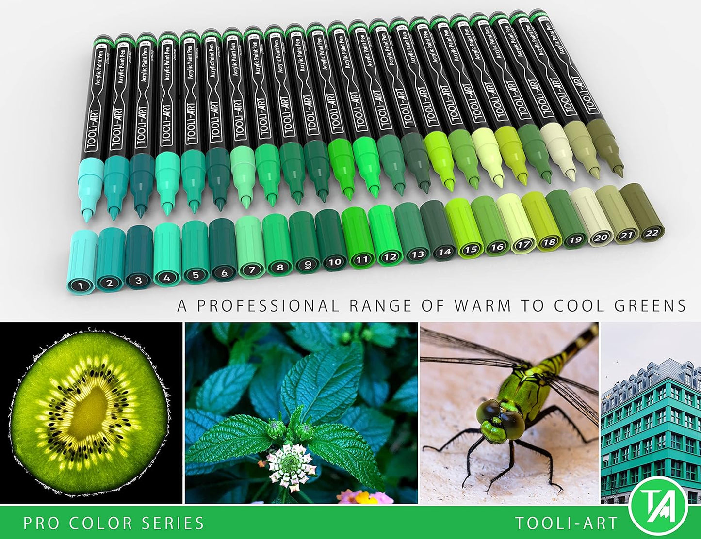 Acrylic Paint Pens 22 Green Tones Assorted Pro Color Series Markers Set 0.7mm Extra Fine Tip for Rock Painting, Glass, Mugs, Wood, Metal, Canvas, Projects, Non Toxic, Waterbased, Quick Drying