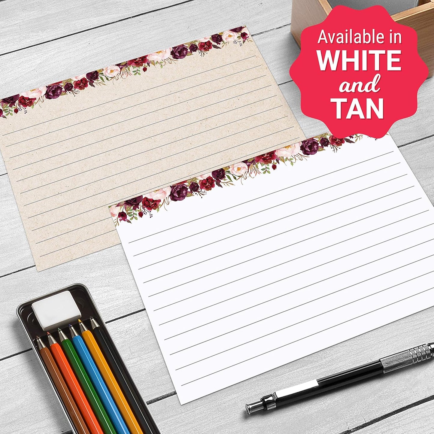 321Done Jumbo Floral Index Cards - Made in USA – Large 5x7 (Set of 50), College-Ruled Lined Notecards Double-Sided, Thick Heavy Duty Cardstock, Cute Pretty Flowers Red Roses on White Note Cards, XL