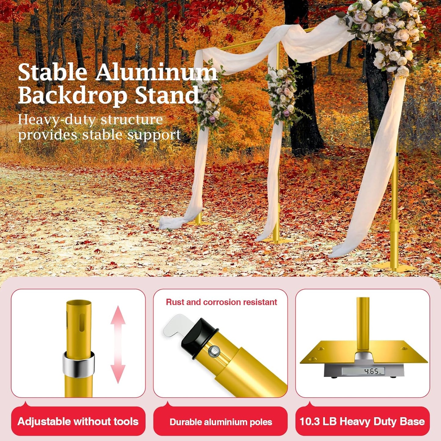 EMART Backdrop Stand Heavy Duty 8.9ftx20ft, Adjustable Pipe and Drape Photo Background Support Kit, Metal Frame with Flat Base for Wedding Birthday Party Banquet Decorations-Gold