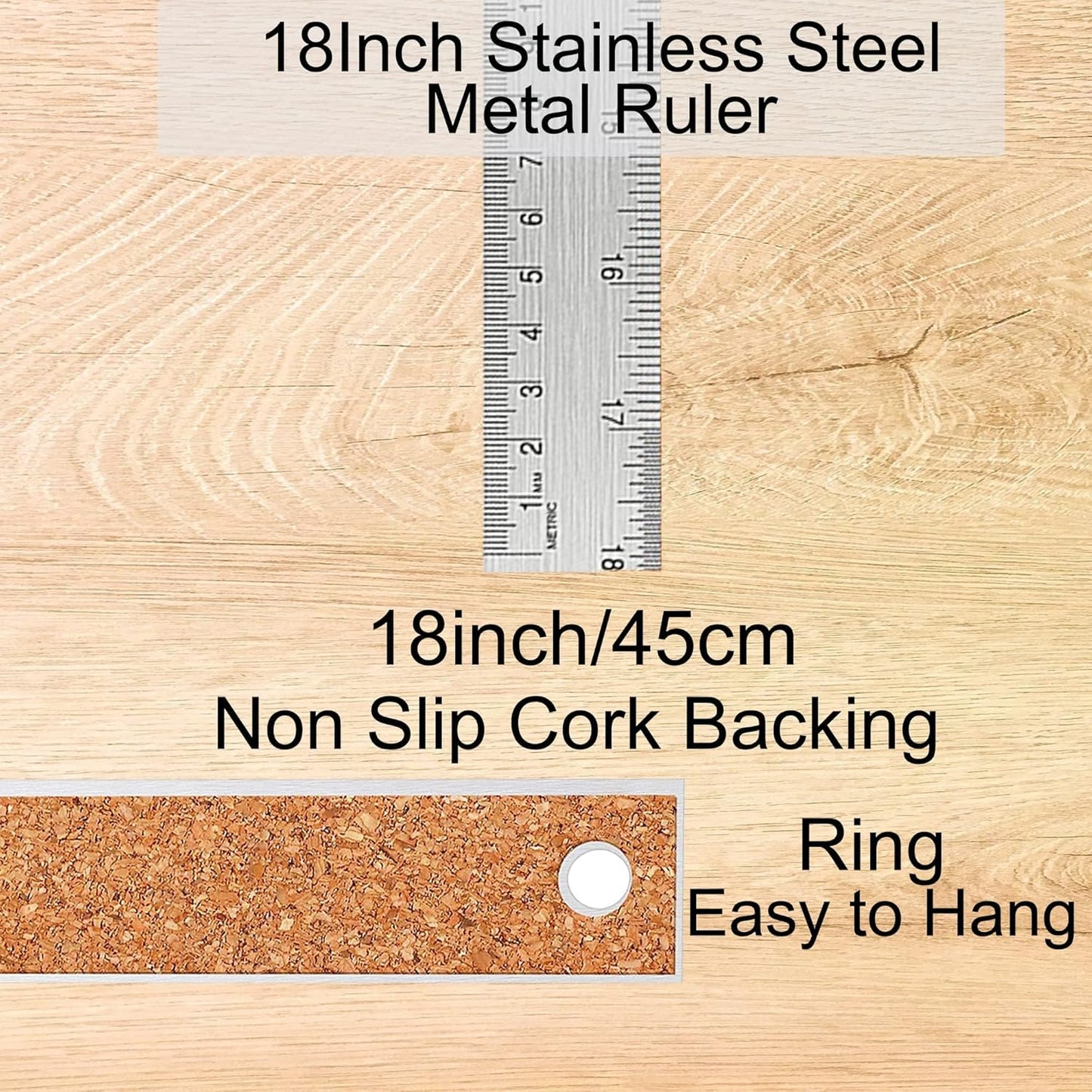 Metal Ruler 18 Inch: [2 Pieces 18 Inch] Non-Slip Cork Backing Rulers with Inch and Centimeters Prevent Ink Leakage:for School Office Drawing Engineering