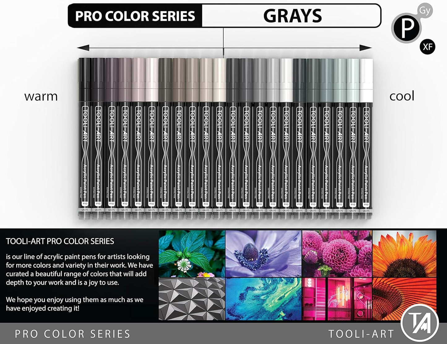 Acrylic Paint Pens 22 Gray Tones Assorted Pro Color Series Markers Set 0.7mm Extra Fine Tip for Rock Painting, Glass, Mugs, Wood, Metal, Canvas, Projects, Non Toxic, Waterbased, Quick Drying