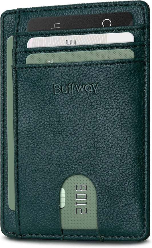 Buffway Slim Minimalist Front Pocket RFID Blocking Leather Wallets for Men and Women - Lichee Green