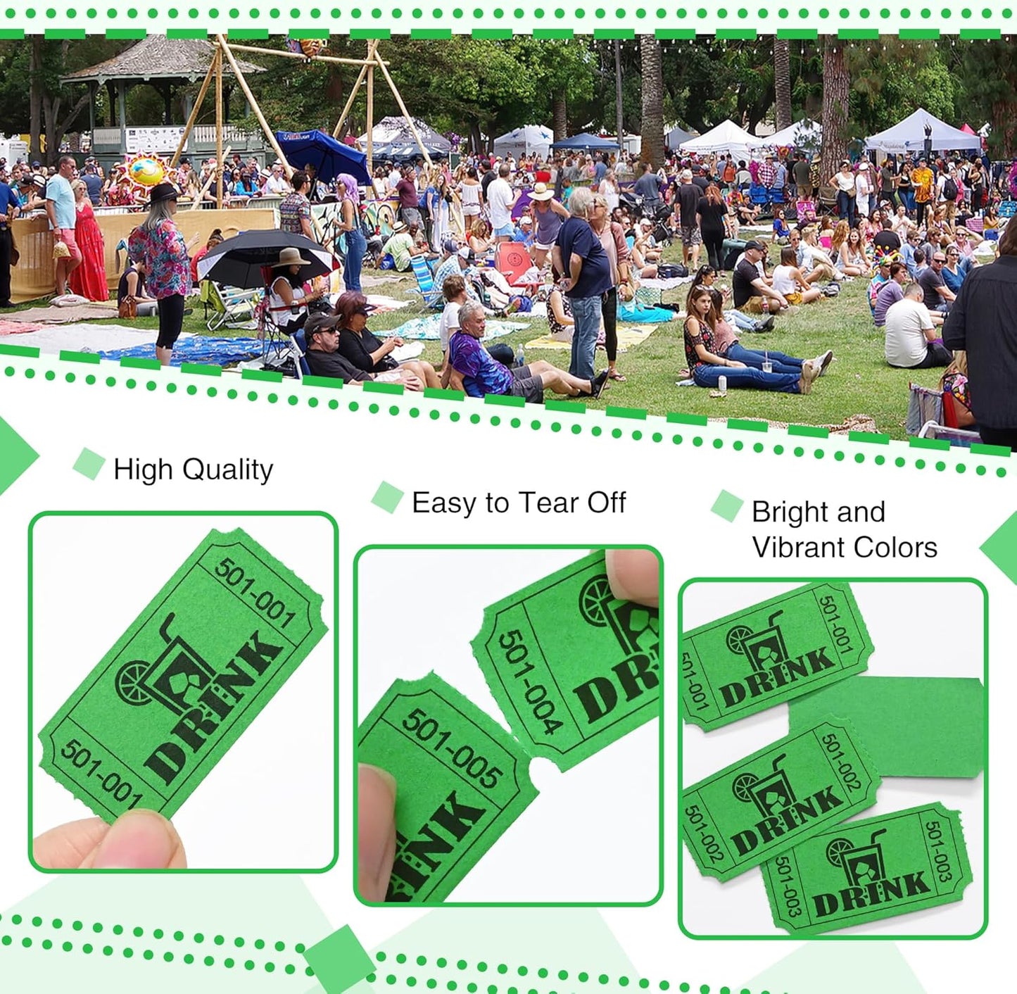 ESSENTIAL 1000 Raffle Tickets Rolls, Drink Tickets Single Roll for Events, Leisure, Movie Watching, Entertainment, Class Reward & Prizes (Green - 5 Color Selection)