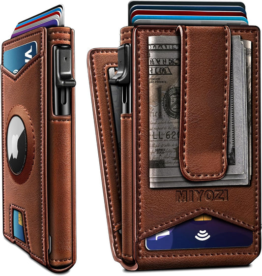 Airtag Wallet for Men,with Money Clip Gift Boxed,Slim Front Pocket Wallet RFID Blocking Metal Case Smart Pop-up Credit Card Holder in Magnetic Leather Flip