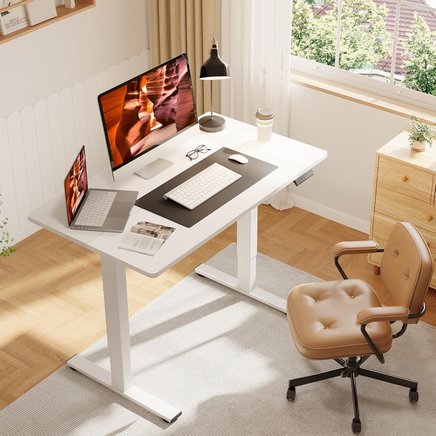 Adjustable Stand Up Desk with Memory Preset, Standing Desks 40 x 24 Inch Electric Home Office Desk Computer Workstation, Splice White Top + White Frame