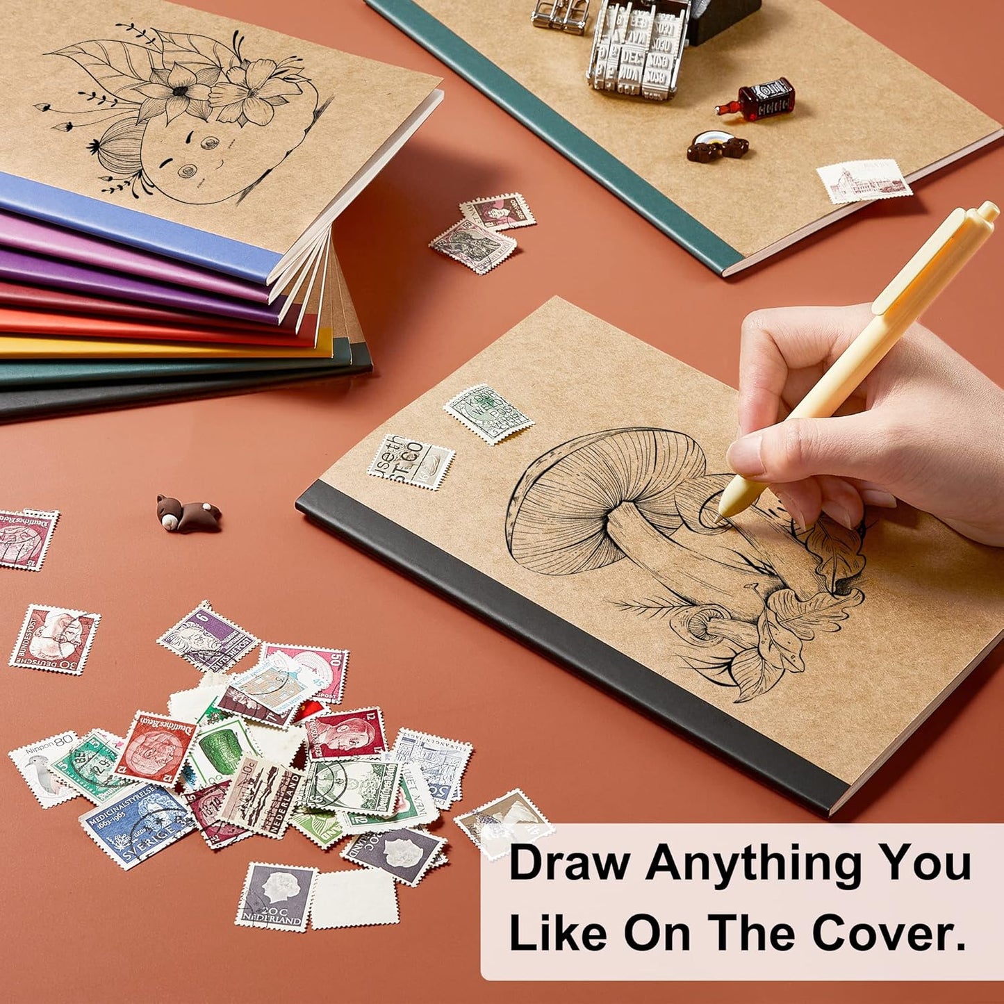 feela 16 Pack Composition Notebooks Bulk, Kraft Cover Lined Blank College Ruled Composition Travel Journals with Jewel Tone Spines For Women Students, 60 Pages, 8.3”x 5.5”, A5, 8 Vintage Colors