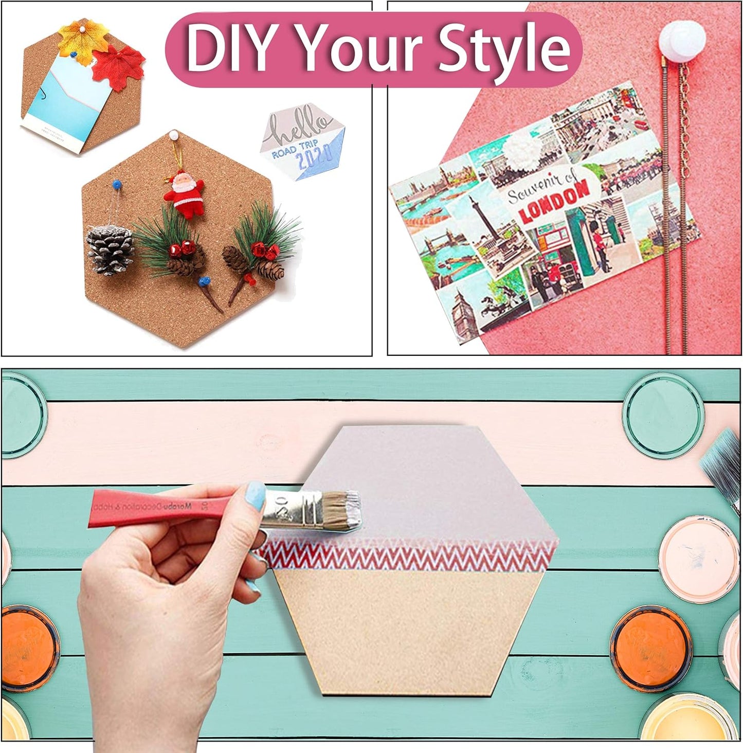 SUNGIFT Hexagon Cork Board Tiles Self Adhesive 6 Pack - 1/2" Thick Corkboards for Wall 12" x 10.2" Memo Boards Pin Board Decorative Bulletin Board for Office Home Kitchen - 50 Multi-Color Push Pins