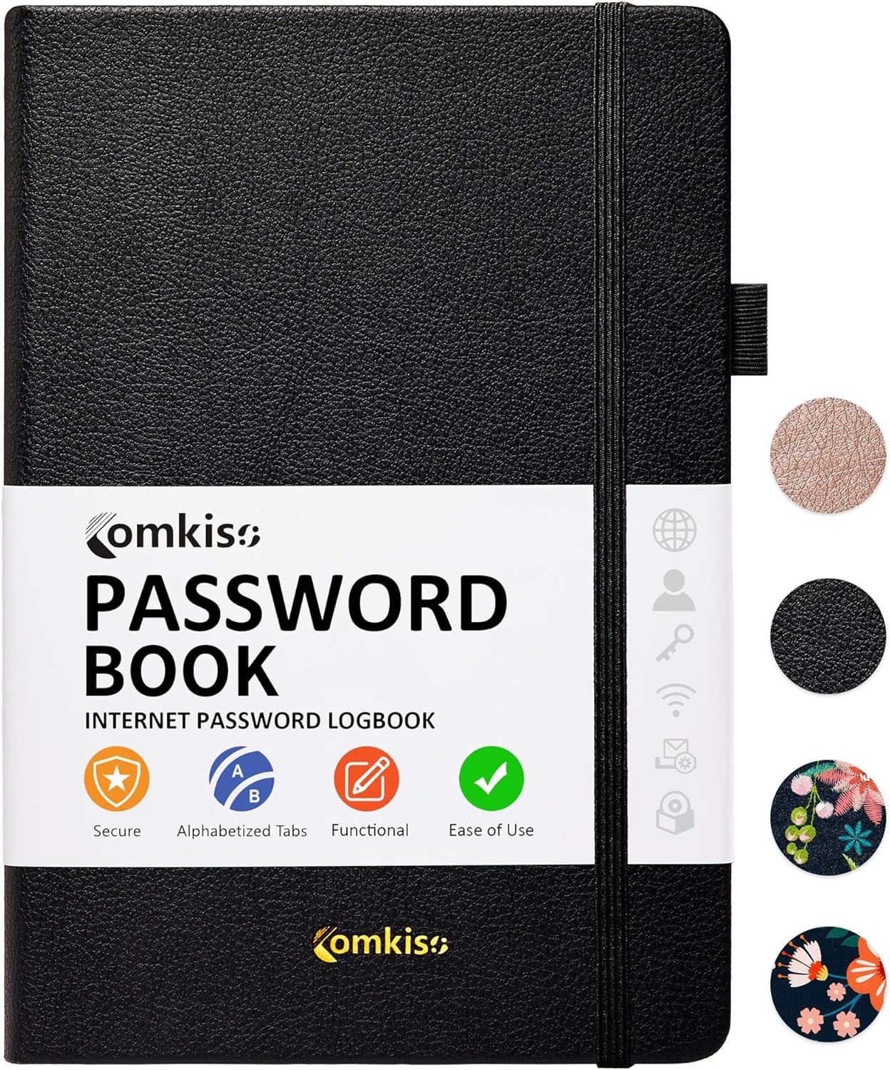 Password Book with Individual Alphabetical Tabs Laminated, Large Print Password Keeper Book for Seniors, A5 Hardcover Internet Password Log Book to Record Website Login Details - Black