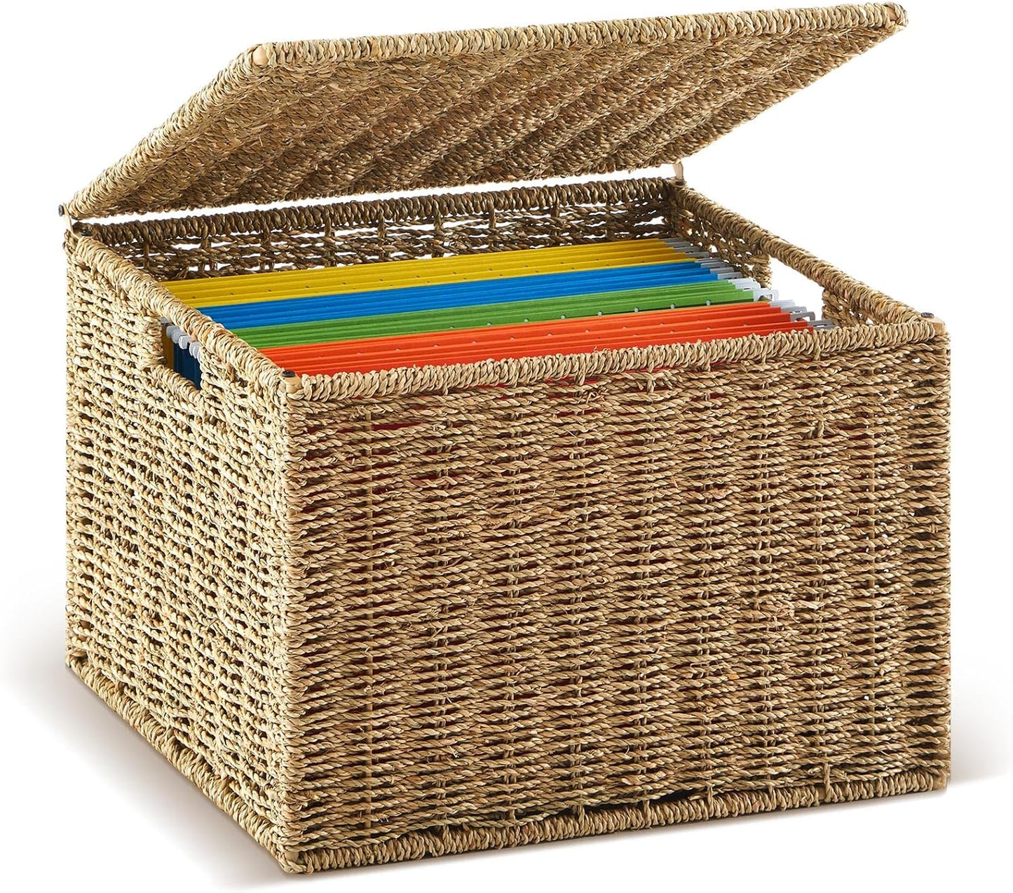 Seagrass File Box Organizers Collapsible Letter/legal Size Filing Cabinet with Lid Portable Decorative Document File Storage Box for Office/decor/home, Natural